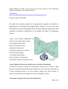 Grupo Solidario La Venta, Carta de apoyo contra parque eólico La
