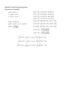 Math1014 Final Exam Formula Sheet Trigonometric Identities cos2 θ