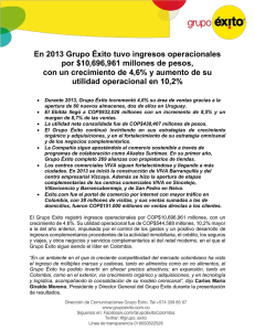 En 2013 Grupo Éxito tuvo ingresos operacionales por $10,696,961