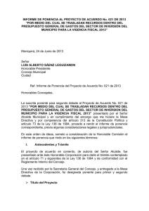 INFORME DE PONENCIA AL PROYECTO DE ACUERDO No. 021