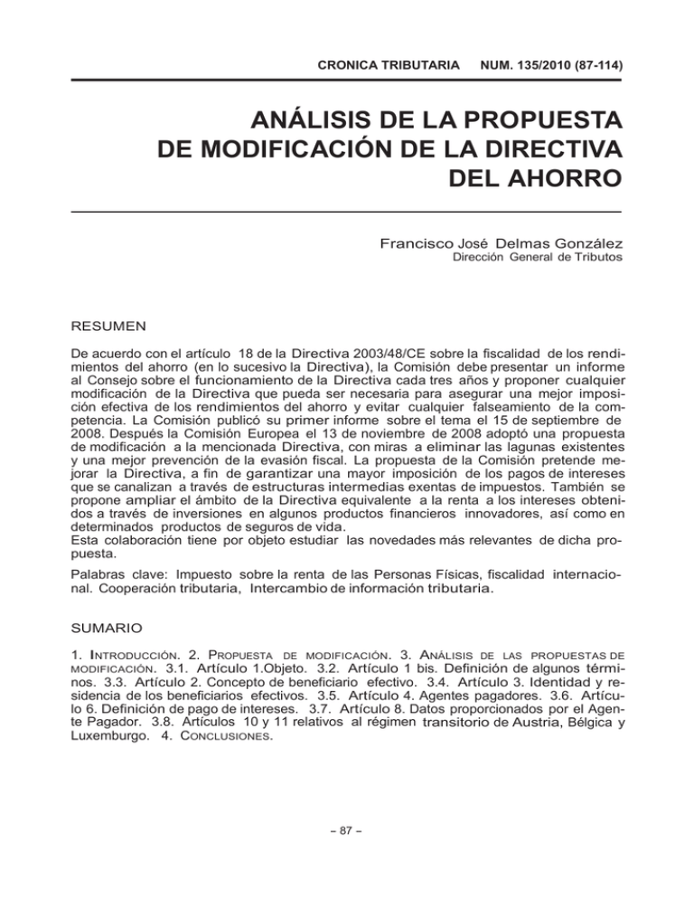 An Lisis De La Propuesta De Modificaci N De La Directiva Del Ahorro