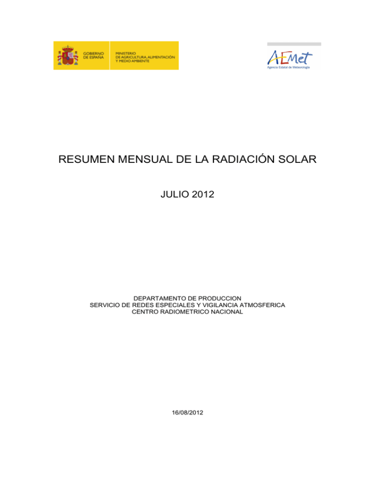 Informe de radiación solar de julio de 2012