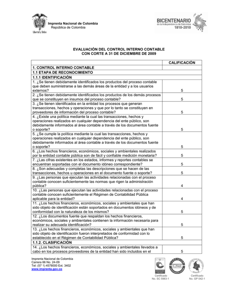 Evaluaci N Del Control Interno Contable Con Corte A De Diciembre