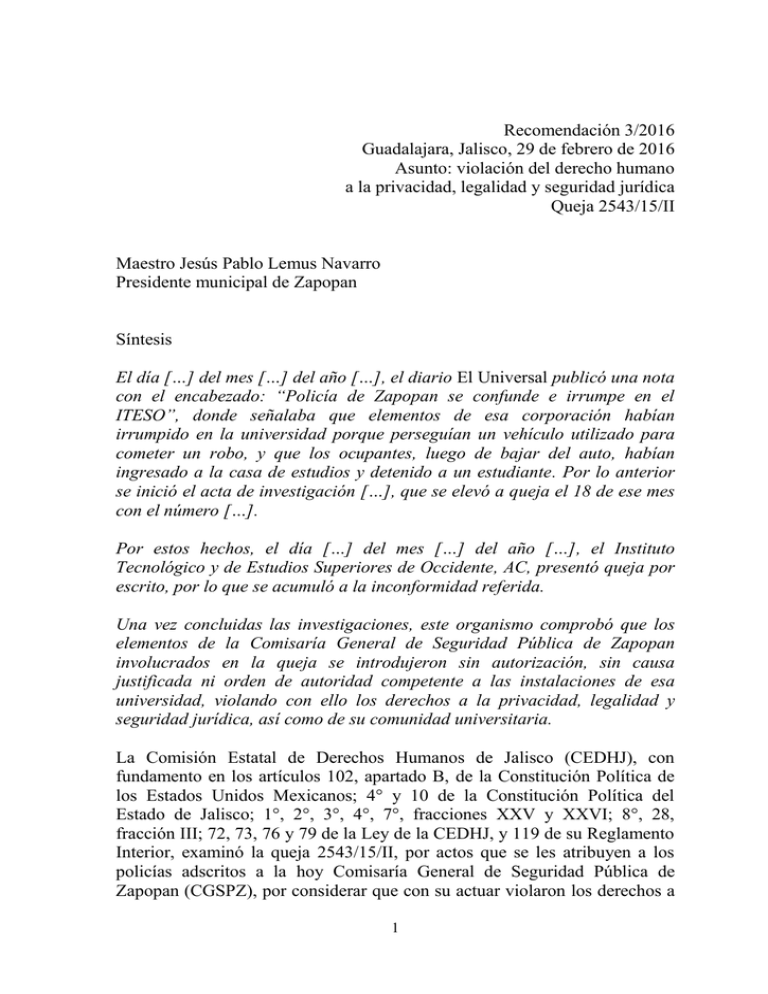 Recomendación 3 2016 Comisión Estatal de Derechos Humanos