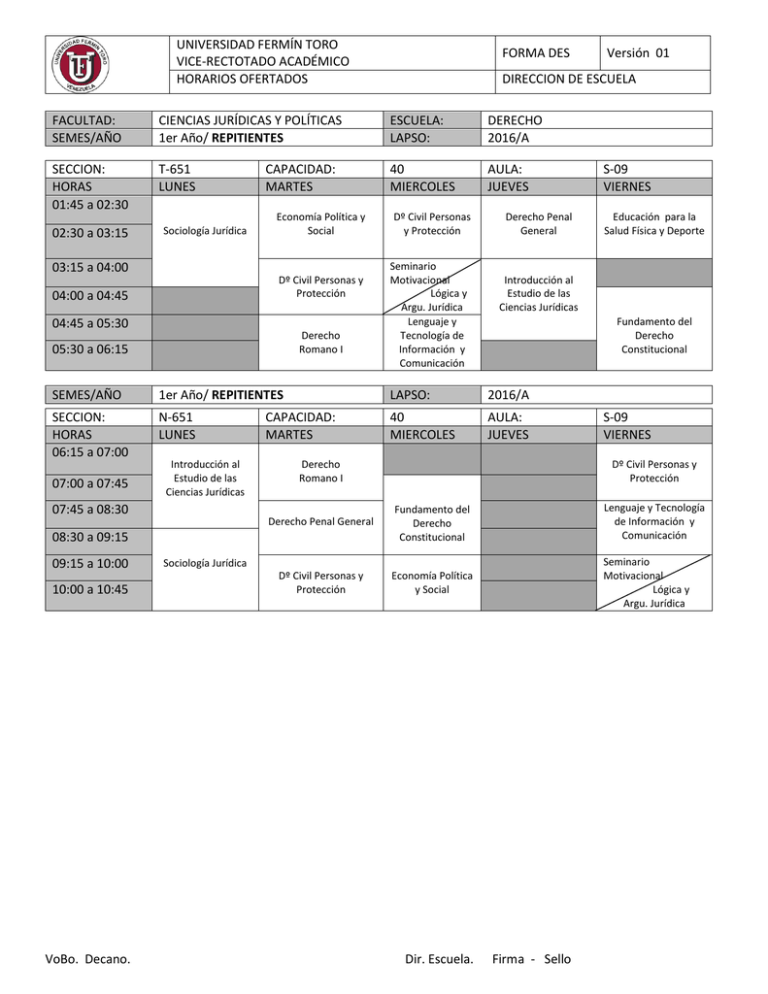 derecho 2016 a Universidad Fermín Toro