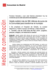 Getafe recibirá más de 390 millones de euros de la Comunidad