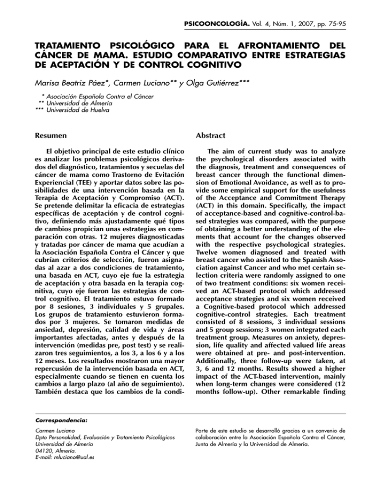 Tratamiento Psicol Gico Para El Afrontamiento Del C Ncer De Mama