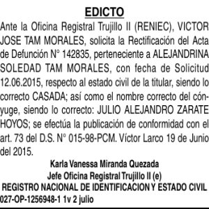EDICTO Ante la Oficina Registral Trujillo II (RENIEC), VICTOR JOSE