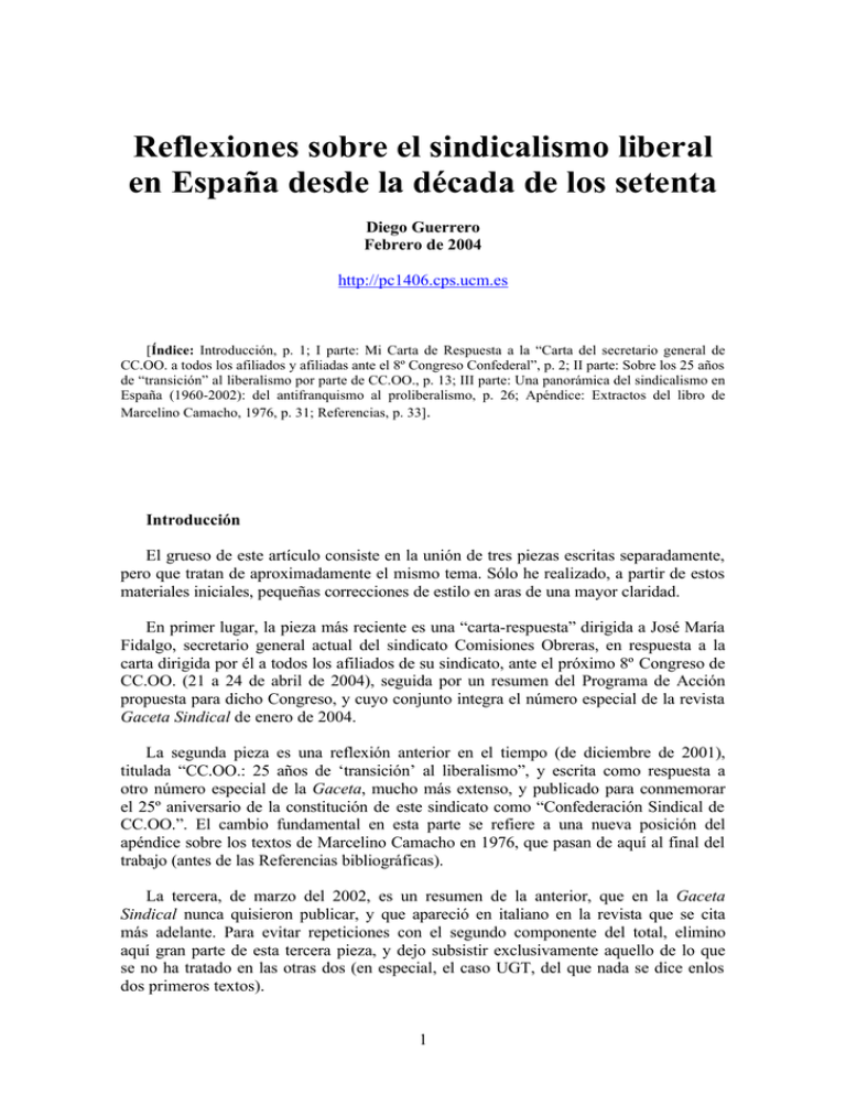 Reflexiones Sobre El Sindicalismo Liberal En Espa A Desde La