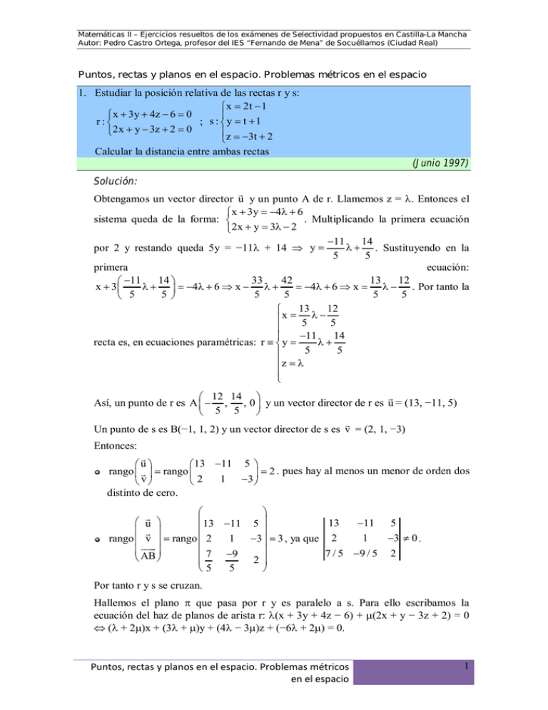 Puntos rectas y planos en el espacio Problemas métricos en el