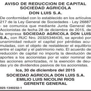 AVISO DE REDUCCION DE CAPITAL SOCIEDAD AGRICOLA DON
