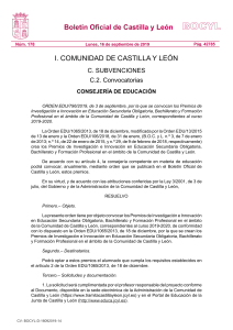 ORDEN EDU/796/2019, de 3 de septiembre, por la que se convocan los Premios de Investigación e Innovación en Educación Secundaria Obligatoria, Bachillerato y Formación Profesional en el ámbito de la Comunidad de Castilla y León, correspondientes al curso 2019-2020.