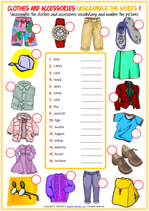 clothes and accessories vocabulary esl unscramble the words worksheets for kids (1)