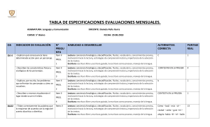 TABLA DE ESPECIFICACIONES EVALUACIONES MENSUALES lenguaje 5° BASICO agosto