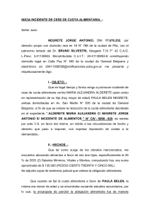 INICIA INCIDENTE DE CESE DE CUOTA ALIMENTARIA