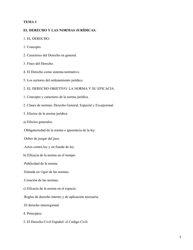 TEMA 1 EL DERECHO Y LAS NORMAS JURÍDICAS. 1. EL DERECHO. 1. Concepto.