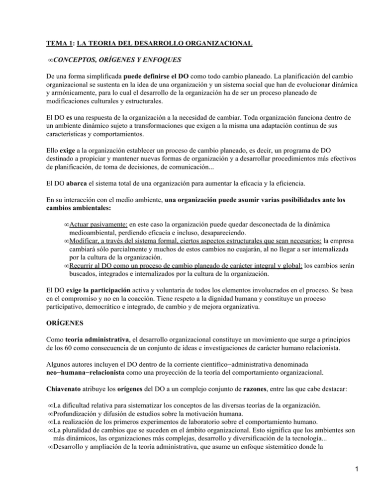 TEMA 1 LA TEORIA DEL DESARROLLO ORGANIZACIONAL CONCEPTOS, ORÍGENES Y ENFOQUES TEMA 1 LA TEORIA DEL DESARROLLO ORGANIZACIONAL CONCEPTOS, ORÍGENES Y ENFOQUES