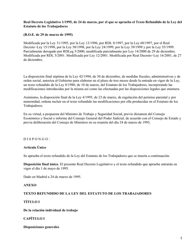 Estatuto De Los Trabajadores. Real Decreto Legislativo 1/1995