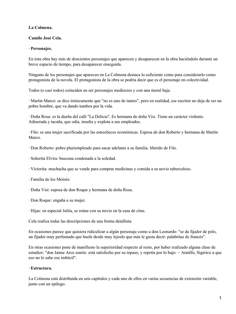 La Colmena Camilo Jose Cela Personajes