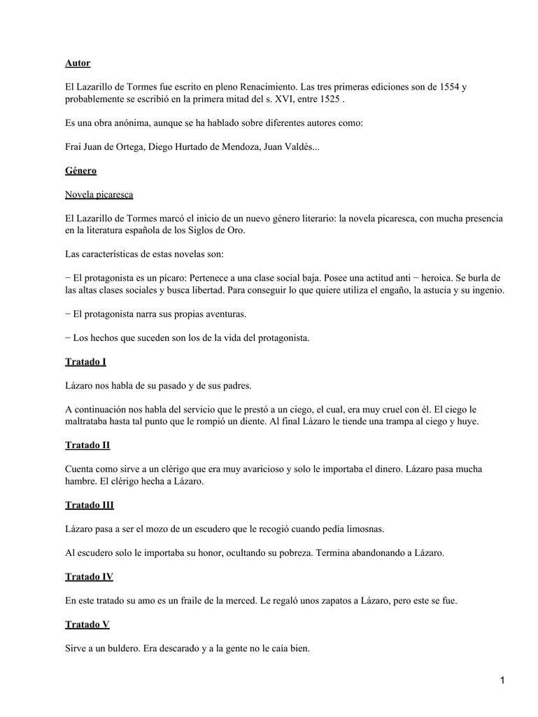 Resumen Tratado 2 Lazarillo De Tormes