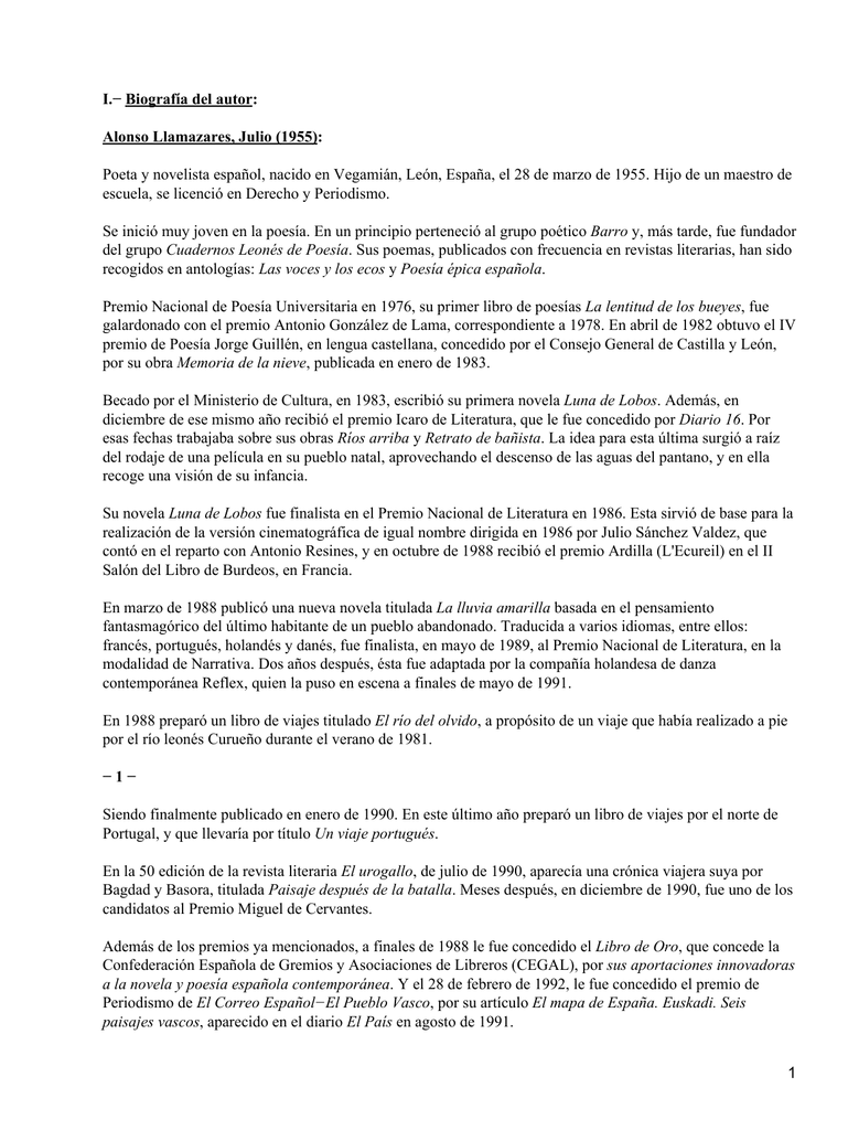 I.− Biografía del autor: Alonso Llamazares, Julio (1955):