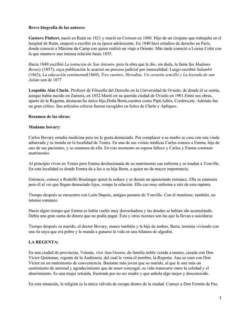 Madame Bovary Gustave Flaubert La Regenta Leopoldo Alas Clarin