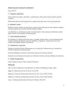 PROGRAMA DE MATEMATICA DISCRETA 1.− Conjuntos y aplicaciones. Curso 1996−97