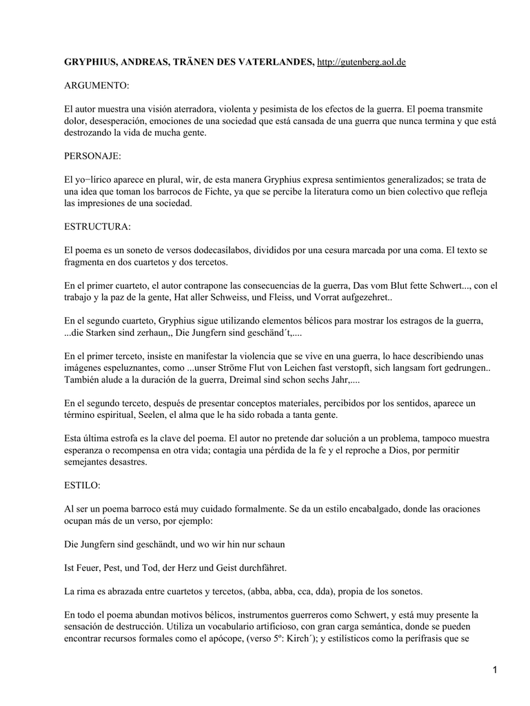 Analyse Tränen Des Vaterlandes Tränen des vaterlandes; Andreas Gryphius
