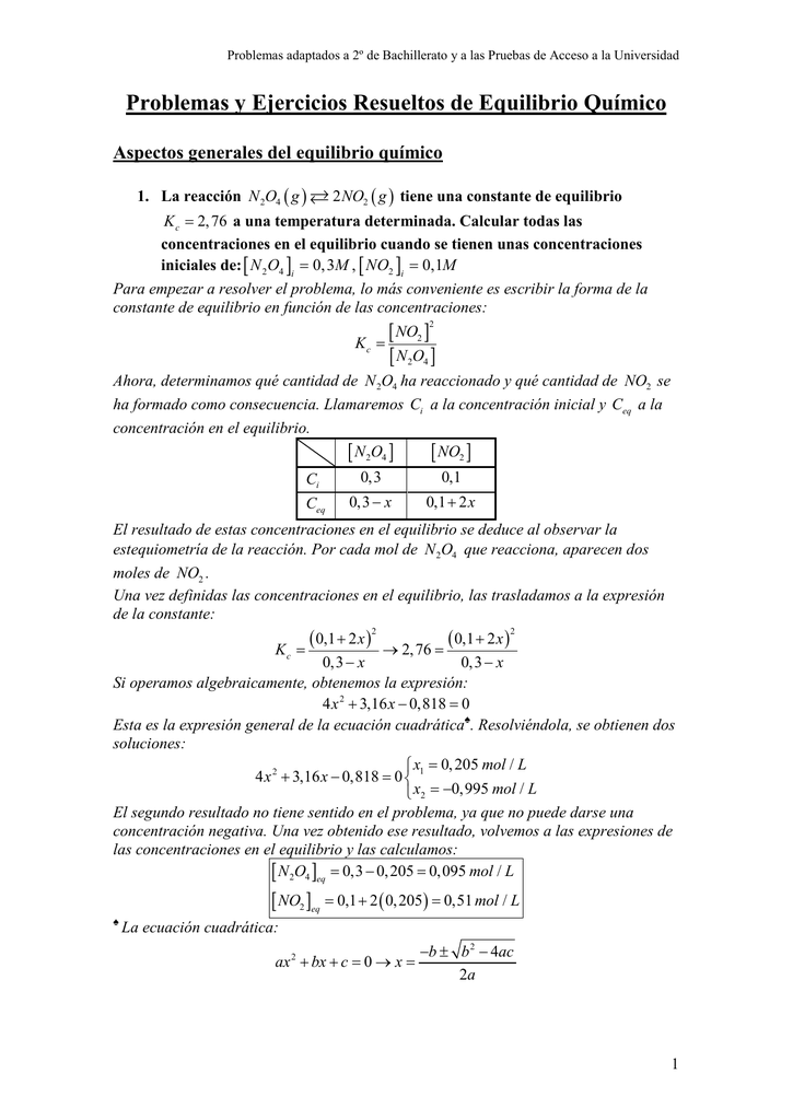 Problemas Y Ejercicios Resueltos De Equilibrio Químico ( )