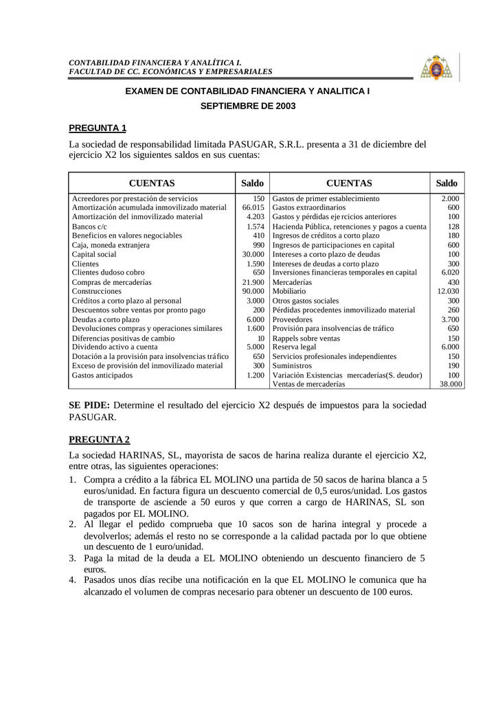 Examen De Contabilidad Financiera Y Analitica I