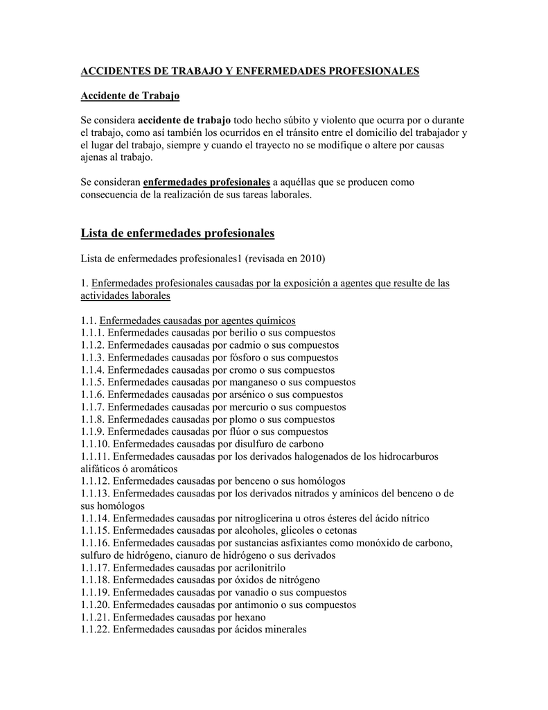 Lista De Enfermedades Profesionales