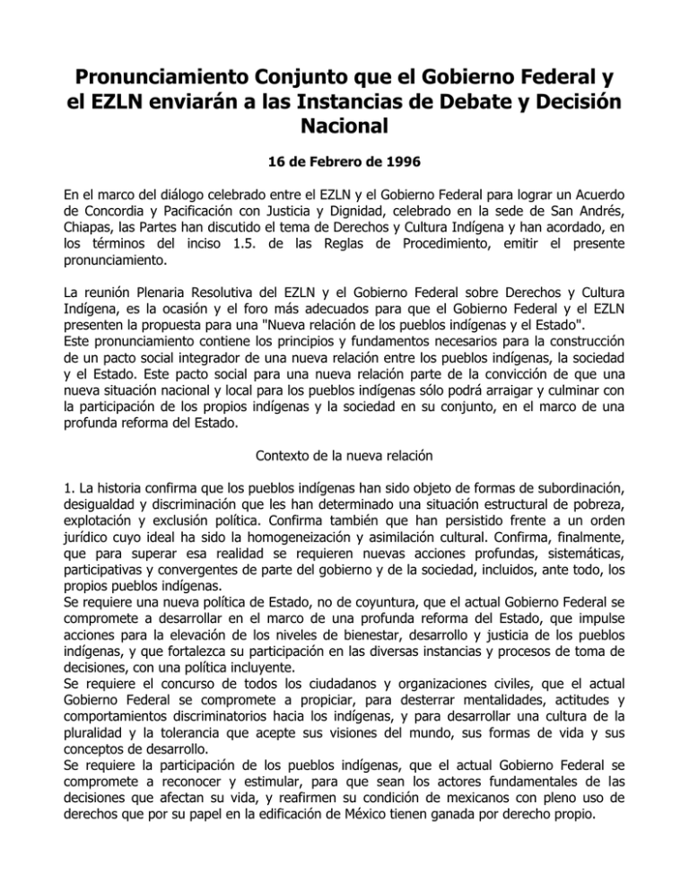 Pronunciamiento Conjunto Que El Gobierno Federal Y El EZLN