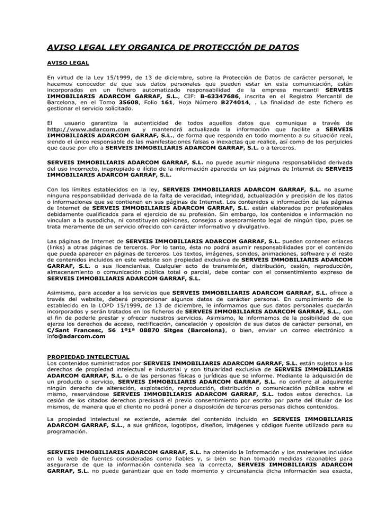AVISO LEGAL LEY ORGANICA DE PROTECCIÓN DE DATOS