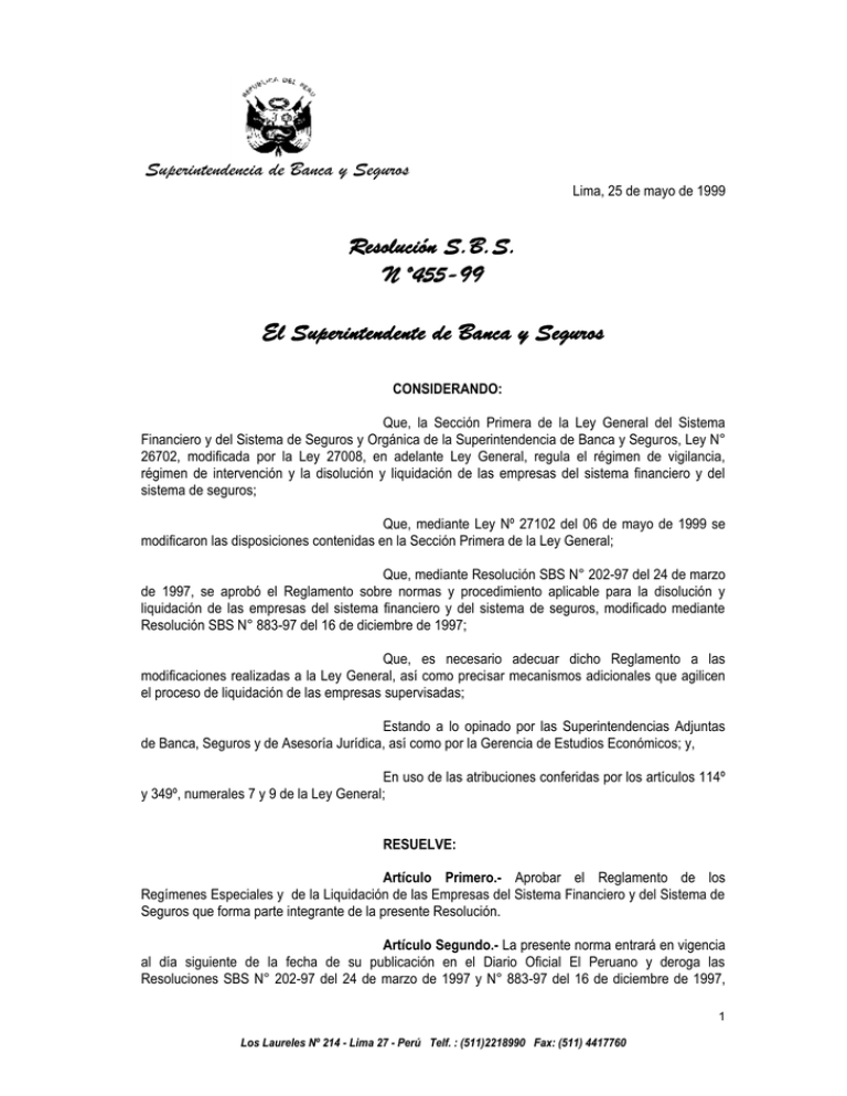 Resolucion SBS N? 455-99 - Fondo de Seguro de Depositos