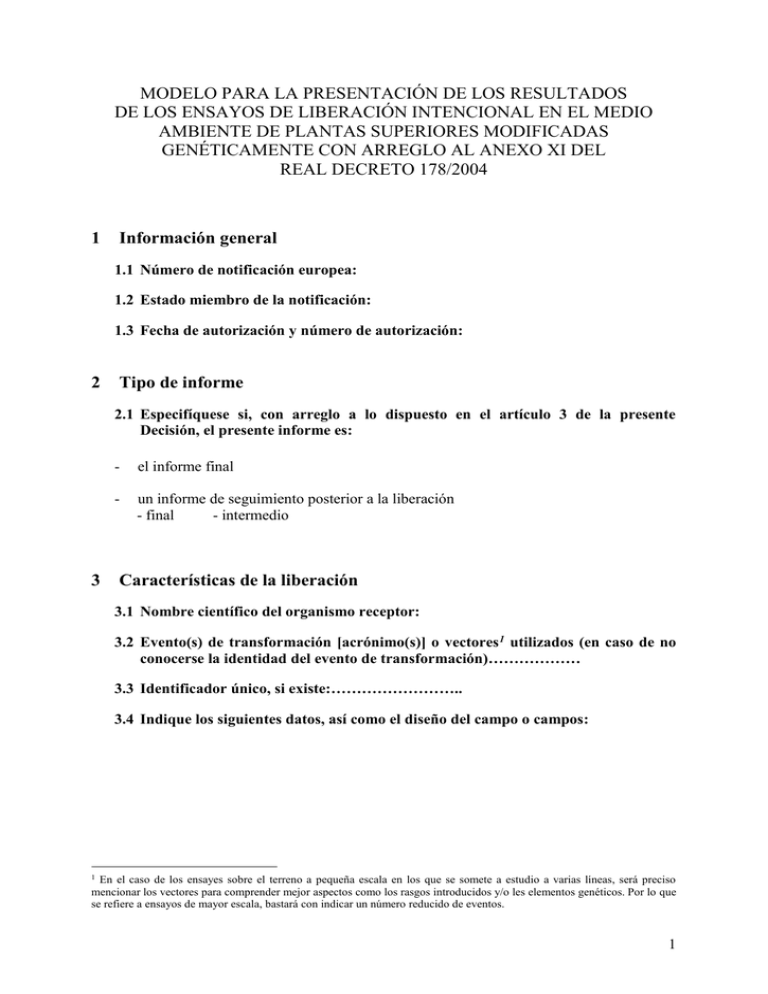MODELO PARA LA PRESENTACIÓN DE LOS RESULTADOS