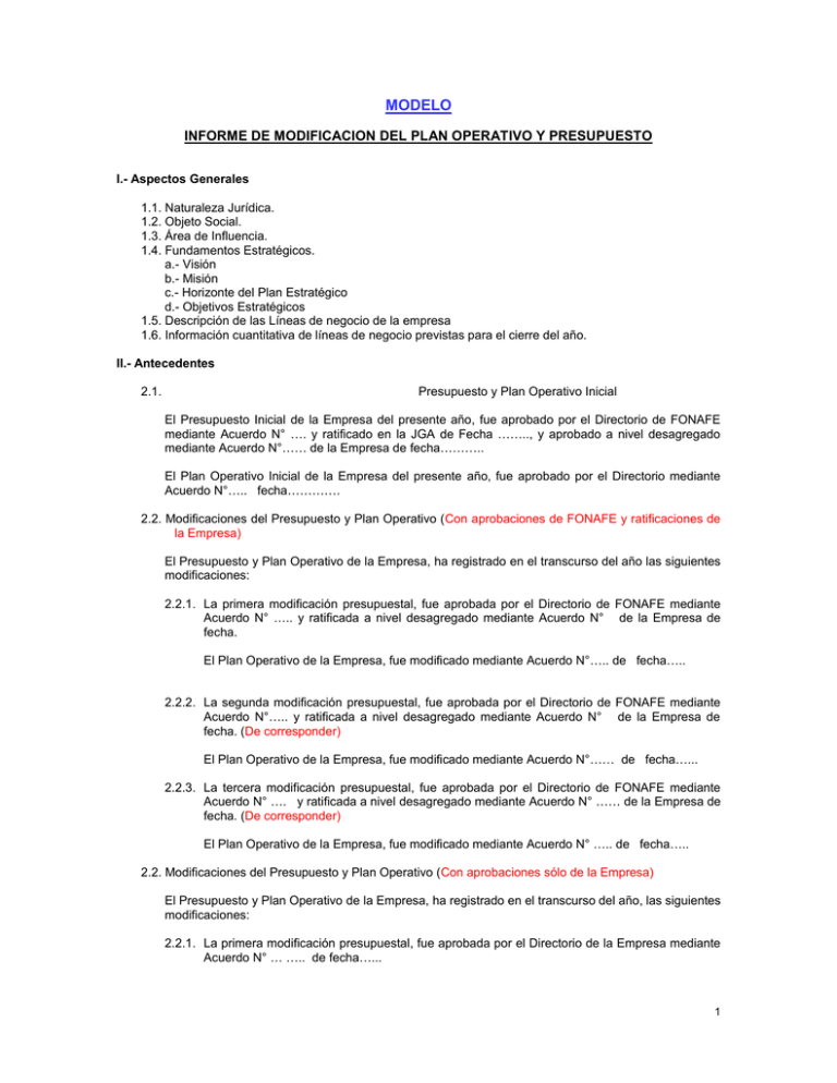 Modelo De Informe De Modificación Presupuestal