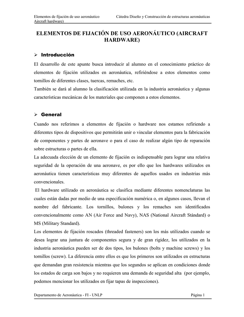 Elementos De Fijacion De Uso Aeronautico