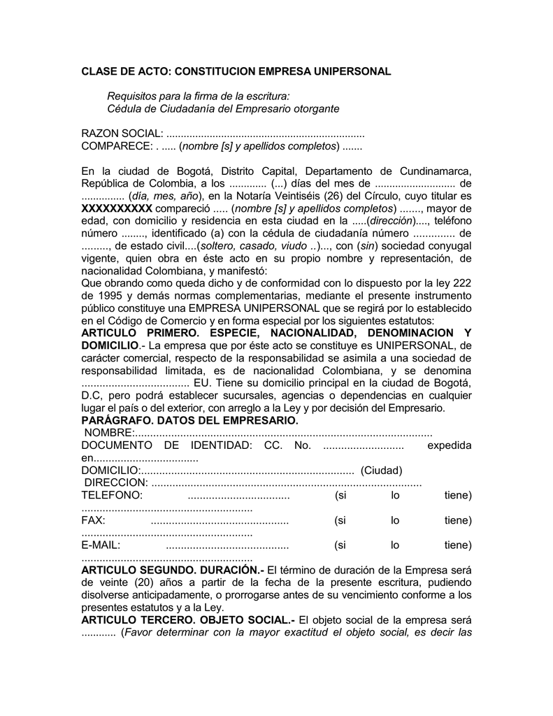 Clase De Acto Constitucion Empresa Unipersonal