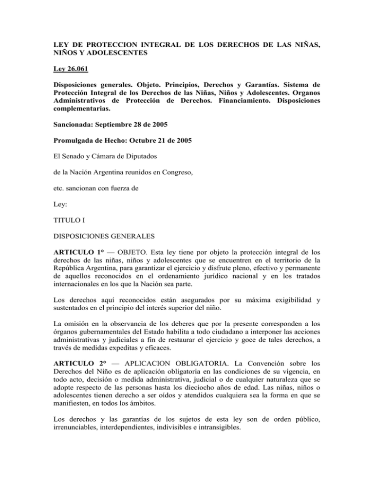 ley de proteccion integral de los derechos de las niñas, niños y