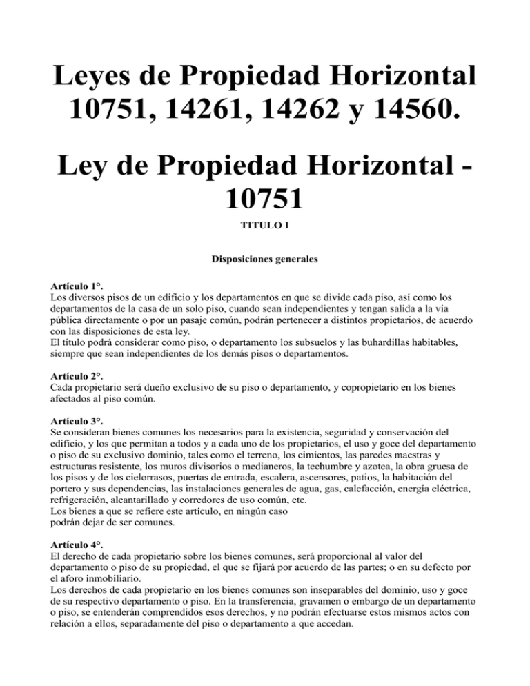 Leyes De Propiedad Horizontal 10751 14261 14262 Y 14560 10751 8509