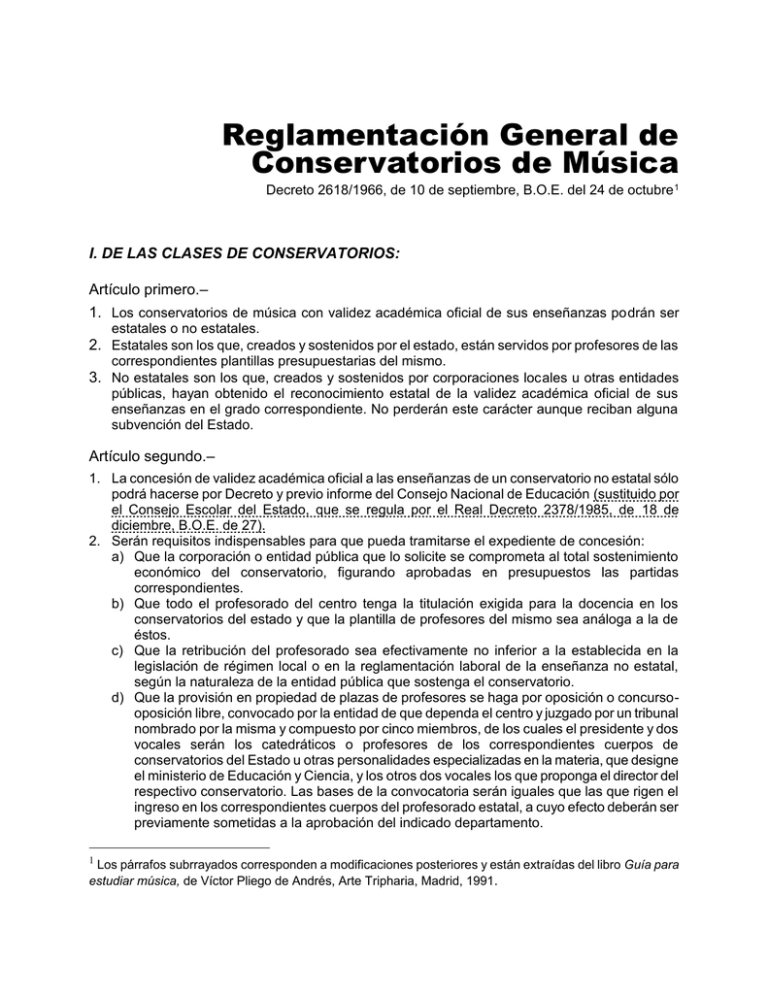 Reglamentación General De Conservatorios De Música