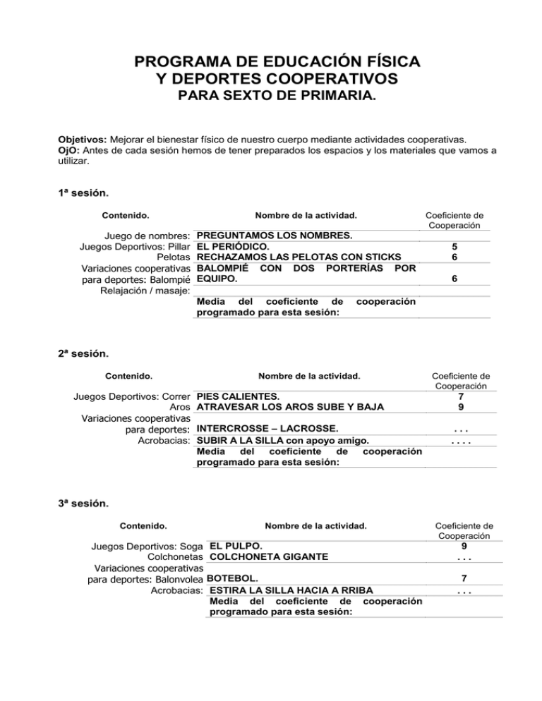 Programación Juegos Cooperativos 6º Primaria B.