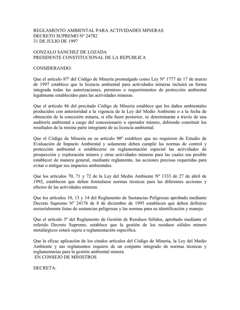 REGLAMENTO AMBIENTAL PARA ACTIVIDADES MINERAS
