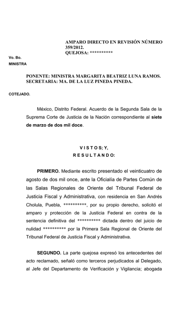 AMPARO DIRECTO EN REVISIÓN 359/2012 AMPARO DIRECTO