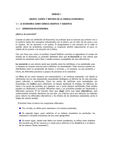 UNIDAD 1  OBJETO, CAMPO Y METODO DE LA CIENCIA ECONOMICA