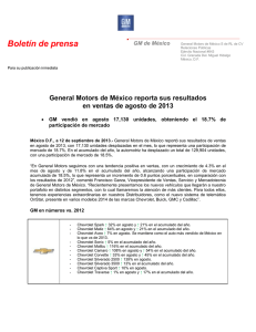 General Motors de México reporta sus resultados en ventas de