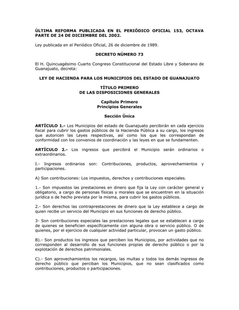 Ley de Hacienda para los Municipios del Estado de Guanajuato.