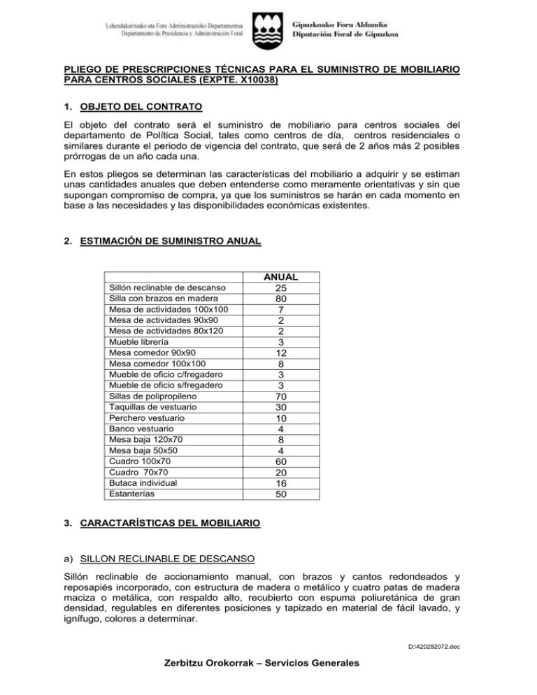 PLIEGO DE PRESCRIPCIONES TÉCNICAS PARA EL SUMINISTRO DE MOBILIARIO