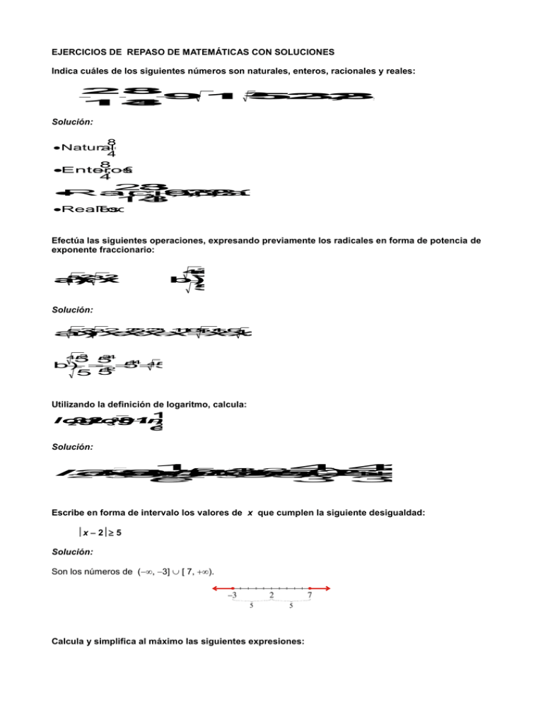 EJERCICIOS DE REPASO DE MATEMÁTICAS CON SOLUCIONES