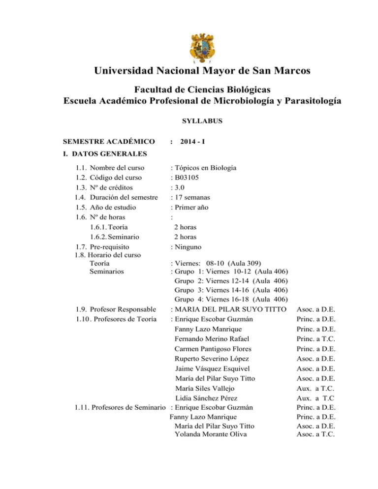 T picos De Biolog a Facultad De Ciencias Biol gicas